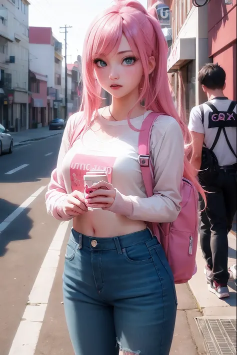 Anime girl with pink hair and backpack on street corner, anime girl in real life, hyper realistic anime, photorealistic anime, realistic anime 3 d style, realistic anime style, 3 d anime realistic, photorealistic anime girl render, anime realism style, art...