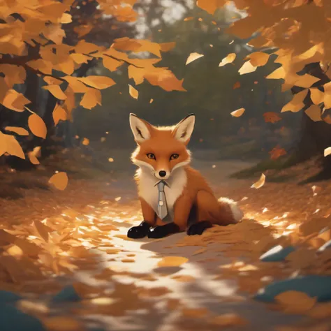 A deceptively simple and playful photographic composition capturing a charming fox who seems to be posing slyly amidst a bed of fallen autumn leaves. He is wearing a dapper suit. The crisp golden sunlight filtering through the dense canopy overhead casts d...