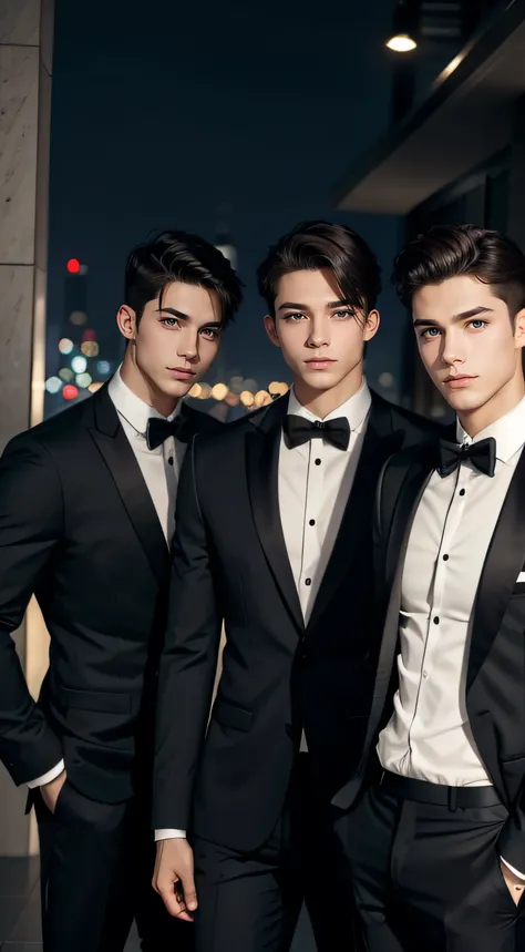 gorgeous young all male triplets with short dark hair in formal clothes at night setting