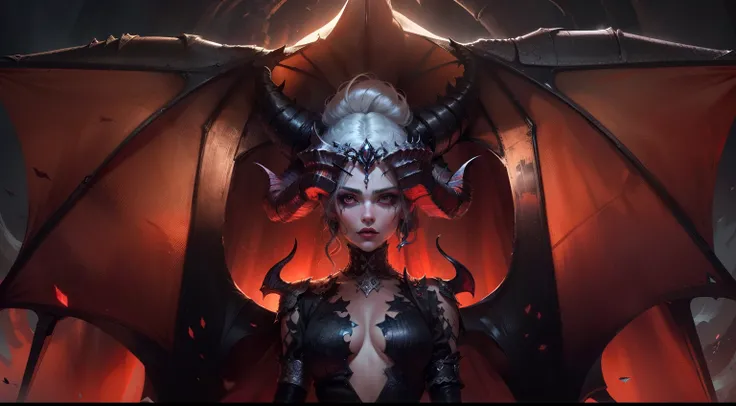 a close up of a demonic looking woman with a red background, diablo 4 lilith, diablo 4 queen, diablo digital concept art, queen of hell, diablo concept art, succubus, demoness, diablo 4, beautiful elegant demon queen, white horns queen demon, succubus | me...