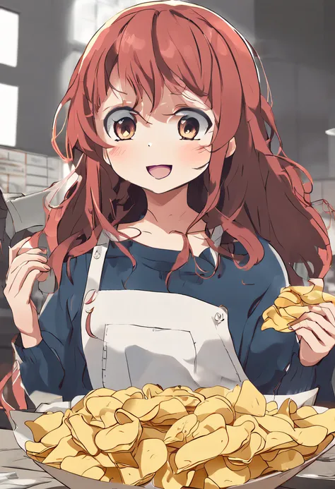 anime big breast，Little girl with potato chips in hand，Eat with your mouth open