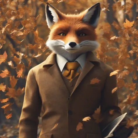 (Fox Wearing Suit) (Whimsical Portrait Photography): A mischievous red fox, dressed elegantly in a tailored grey suit complete with pocket square and bow tie, playfully reclining amongst falling leaves under a golden sunbeam casting dappled shadows across ...