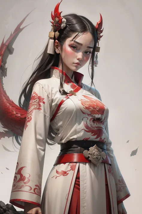 Beautiful girl in ancient Chinese white coat，Beautiful face，The expression was melancholy，Tie-up a red belt，Dragon behind him，ink and watercolor painting，visual shock，4K，k hd