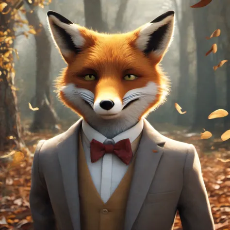 (Fox Wearing Suit) (Whimsical Portrait Photography): A mischievous red fox, dressed elegantly in a tailored grey suit complete with pocket square and bow tie, playfully reclining amongst falling leaves under a golden sunbeam casting dappled shadows across ...