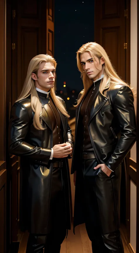 gorgeous male triplets with long golden hair and clean shaven as priests in leather,in a night setting