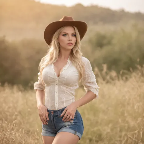 sex blonde cow girl with her tits out in denim shorts and a cowgirl hat with a lustful look on her face