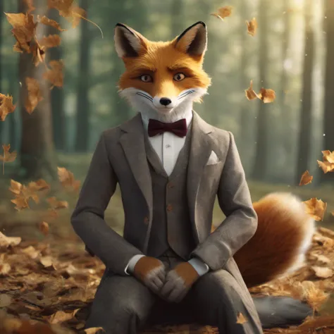 (Fox Wearing Suit) (Whimsical Portrait Photography): A mischievous red fox, dressed elegantly in a tailored grey suit complete with pocket square and bow tie, playfully reclining amongst falling leaves under a golden sunbeam casting dappled shadows across ...