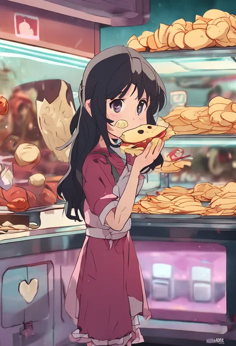 anime big breast，Little girl with potato chips in hand，Eat with your mouth open