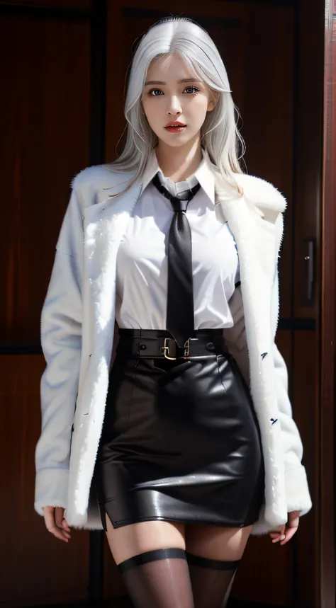 Photorealistic, high resolution, 1 Women, Solo, Waist up, Beautiful eyes, Close lips, Detailed face, White hair, Long hair, Collared shirt, black necktie,Black skirt, pencil skirts, Fur coat, Stockings