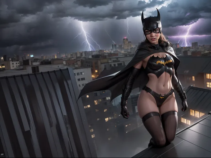 Model: Batgirl no panties on, leaping off rooftop, thunderstorm, heavy lightning strikes, rain, volumetric God rays, added details, (8k, RAW photo, best quality, masterpiece: 1.2), (realistic, photorealistic: 1.37), extreme detail.