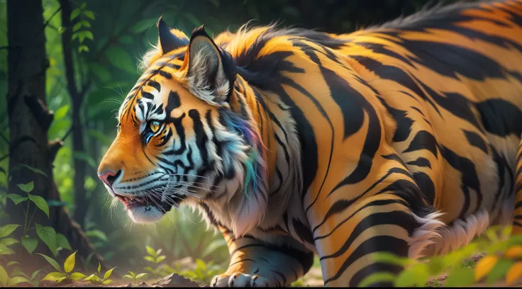 Raw Photo,Rainbow Skin,4k resolution,Super Cute Animal,Tiger Species with Hair, Colourful long Hair,Jungle Background