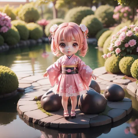 Cute Baby Chibi Anime,(((chibi3d))) (best quality) (masterprice)、Pink and purple kimono、White lacy pin heels with knitted floral motif、Japanese garden