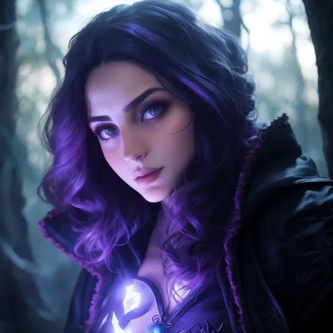 cabelo roxo com uma capa preta e olhos roxos, Maya Ali como um D&d feiticeiro, Maya Ali como D&d feiticeiro, retrato closeup de um mago, Maya Ali como D&D mago, Yennefer de Vengerberg, Retrato de um feiticeiro elfo feminino, maya ali as a cyber sorceress