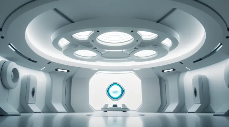 futuristic minimalist white sci-fi studio，there is an artificial intelligence brain in the center of the stage, first person per...