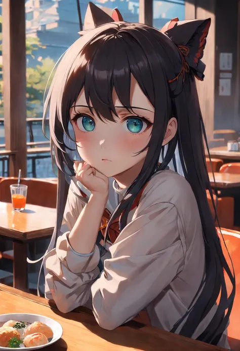 The girl sat at the table，There was coffee and a plate of food，realistic anime artstyle, Realistic anime 3 D style, Detailed digital anime art, attractive anime girls, The eyes are melancholy，largeeyes，cabelos preto e longos，Realistic anime art style, 4k m...