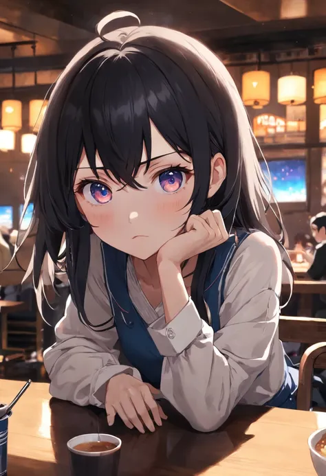 The girl sat at the table，There was coffee and a plate of food，realistic anime artstyle, Realistic anime 3 D style, Detailed digital anime art, attractive anime girls, The eyes are melancholy，largeeyes，cabelos preto e longos，Realistic anime art style, 4k m...