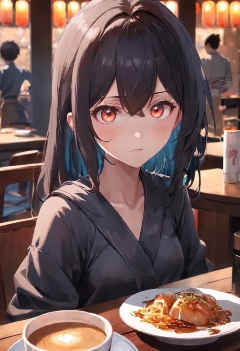 The girl sat at the table，There was coffee and a plate of food，realistic anime artstyle, Realistic anime 3 D style, Detailed digital anime art, attractive anime girls, The eyes are melancholy，largeeyes，cabelos preto e longos，Realistic anime art style, 4k m...