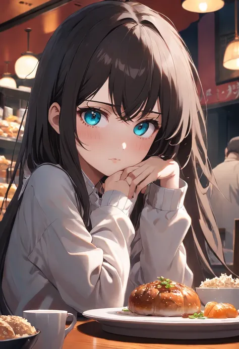 The girl sat at the table，There was coffee and a plate of food，realistic anime artstyle, Realistic anime 3 D style, Detailed digital anime art, attractive anime girls, The eyes are melancholy，largeeyes，cabelos preto e longos，Realistic anime art style, 4k m...