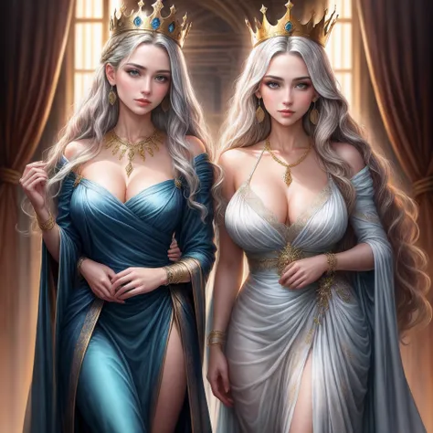 With incredible details, textures and maximum detail),, ( Beautiful eyes), finerly detailed face, Raised sexy，a queen，Gorgeous costumes，Large breasts，golden laurel crown，Gorgeous earrings and necklaces，sceptre，Light blue long dress，Fair skin，Detailed pupil...