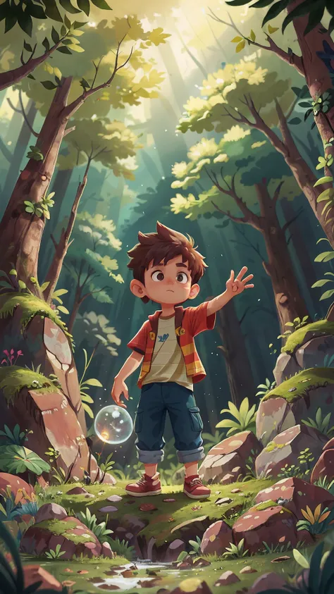 Presentation of the main character, um garoto chamado Leo.
	• Leo is a brave boy who likes to play in the woods near his home.
	•Someday, He finds a glowing magic stone on the forest floor.