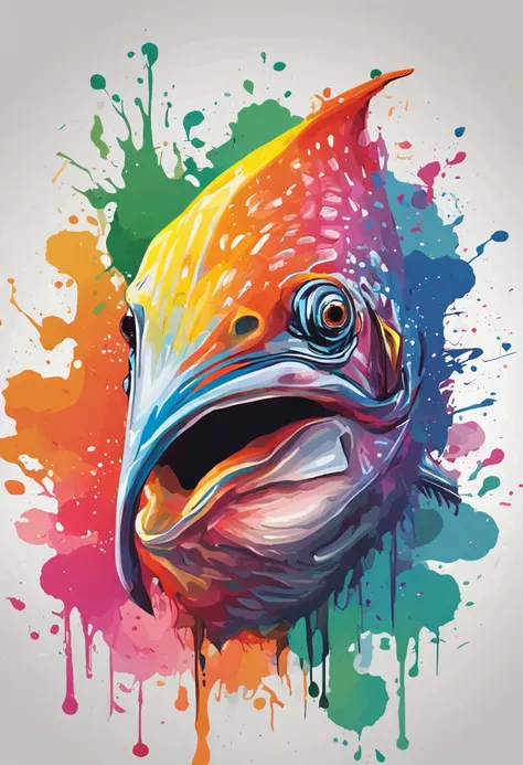 Colorful Logo, Fish head minimalist vector art logo illustration, Frontal, Magic, Crisp design, suave, monochrome color, Dark Magic Colorful Splash Painting, tshirt design, In the style of Studio Ghibli, The design must be vector art, Introduction to fish....