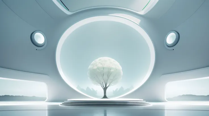 Futuristic minimalist white sci-fi studio，There is a large glass podium in the center of the stage，There is a soul tree on each side，On the wall in the distance is a giant AI brain, first person perspective，wide wide shot，in a panoramic view，35mm，Highlight...