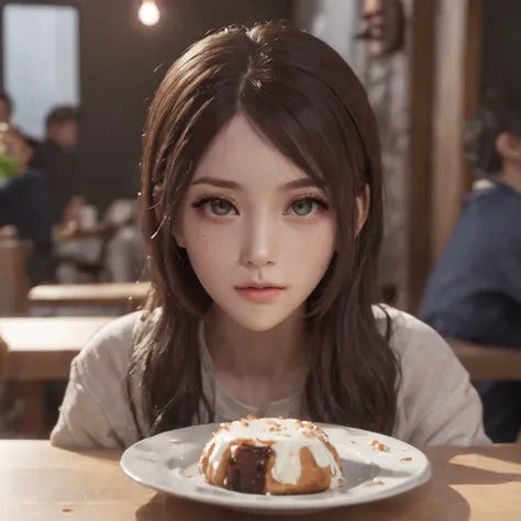 The girl sat at the table，There was coffee and a plate of food，realistic anime artstyle, Realistic anime 3 D style, Detailed digital anime art, attractive anime girls, The eyes are melancholy，largeeyes，cabelos preto e longos，Realistic anime art style, 4k m...