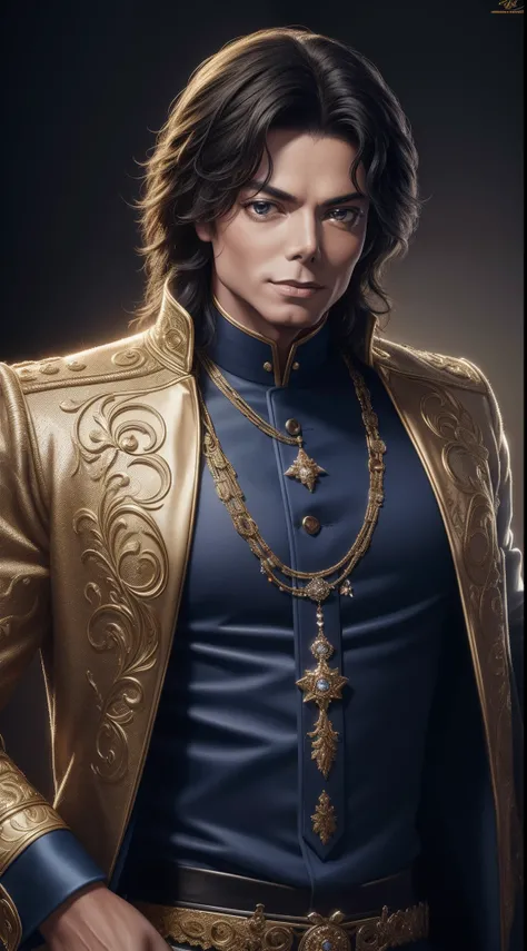 Micheal Jackson, (masterpiece), best quality, 8k, 4k, hd, hires, best quality, masterpiece, ultra-high detailed, hyper-detailed, intricate details, photo-realistic, beautiful details, studio lighting, detailed clothing, highly textured clothing, satin ligh...