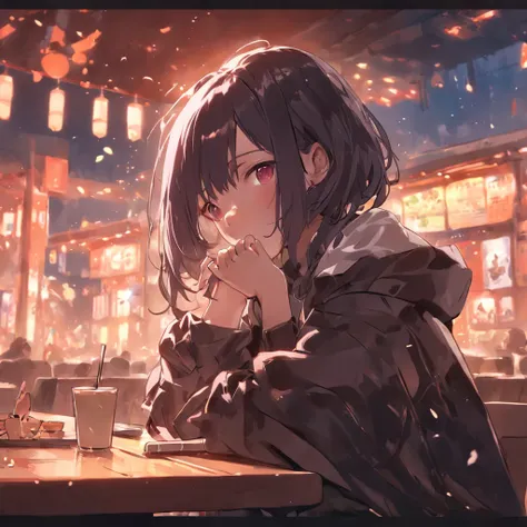 The girl sat at the table，There was coffee and a plate of food，realistic anime artstyle, Realistic anime 3 D style, Detailed digital anime art, attractive anime girls, The eyes are melancholy，largeeyes，cabelos preto e longos，Realistic anime art style, 4k m...