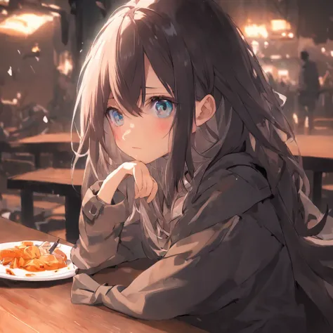 The girl sat at the table，There was coffee and a plate of food，realistic anime artstyle, Realistic anime 3 D style, Detailed digital anime art, attractive anime girls, The eyes are melancholy，largeeyes，cabelos preto e longos，Realistic anime art style, 4k m...