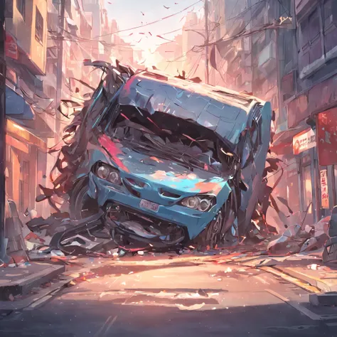 disaster，the street，Vehicle collision，Overturned，clutter，deformation