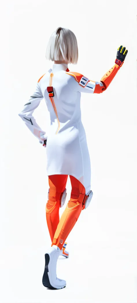 There was a woman in a white shirt and orange pants, leeloo outfit, full body zenkai! asuka suit, white and orange, white cyborg fashion shot, wearing futuristic white suit, chell, Chell from the portal, Gordon Freeman（Gordon Freeman）Playing as a woman, Ma...