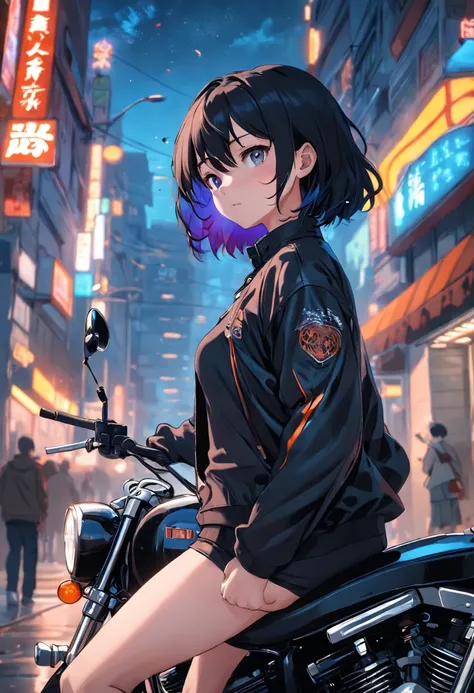 ((masterpiece)), More high image quality, street corner, MarketaB, short hair girl, Black  top，Harley motorcycles，