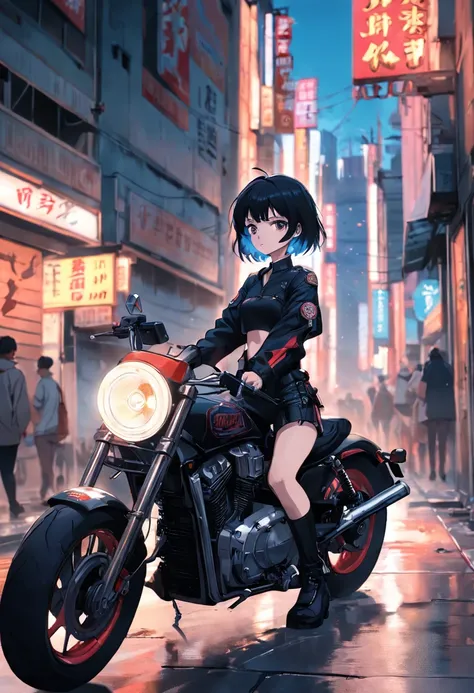 ((masterpiece)), More high image quality, street corner, MarketaB, short hair girl, Black  top，Harley motorcycles，