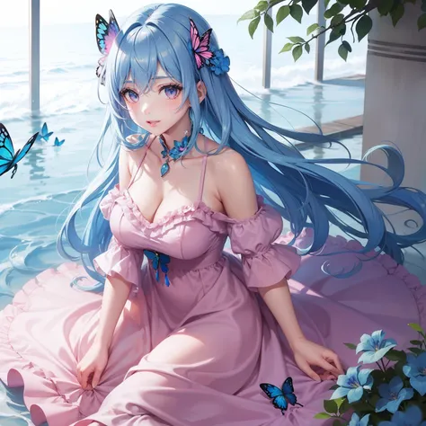 a women, blue butterfly, blue hair, pink eyes, pink dress