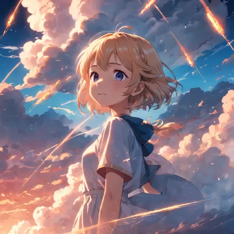 masterpiece, best quality, movie still, 1girl, cloud girl, floating in the sky, close-up, bright, happy, warm soft lighting, sunset, (sparks:0.7)