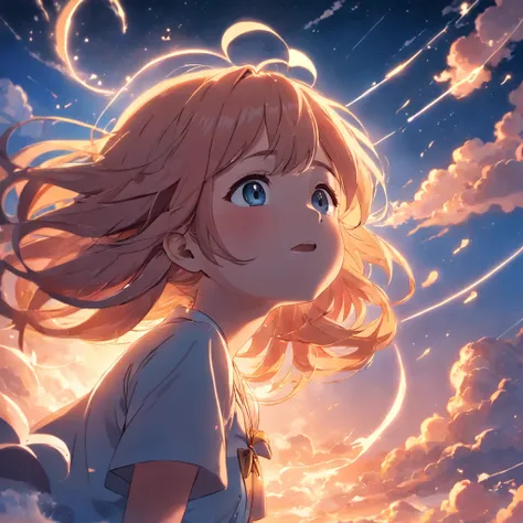 masterpiece, best quality, movie still, 1girl, cloud girl, floating in the sky, close-up, bright, happy, warm soft lighting, sunset, (sparks:0.7)