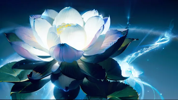 The Great Lotus in the Light of Tyndall {blue white colors}Fire，Lightning arc，Light effects,CG,Blizzard style art trends,Diffuse luminous fog Noctilucent particles,Bright volumetric light