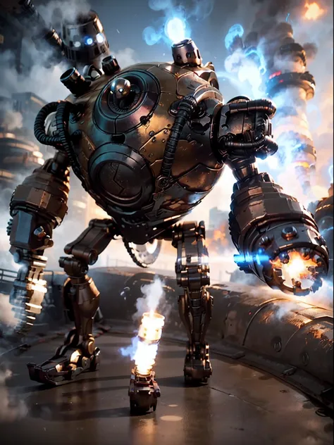 dynamic, realistic, solo, black and red mecha, (gatling gun, minigun, machine gun on left arm), (missile pods mounted on shoulders), war zone backdrop, shell casings, gun smoke, muzzle flash, human-sized, 12 feet tall