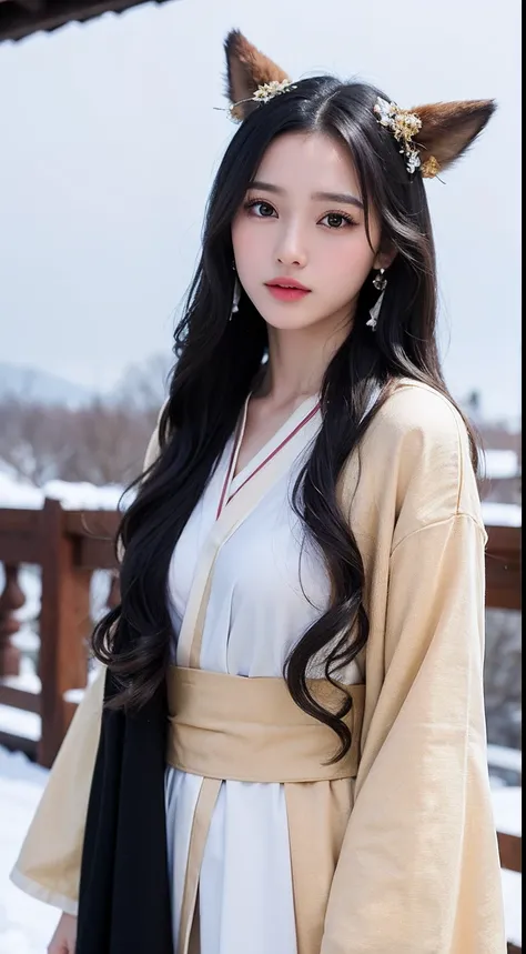 1 rapariga， Bare_tree， brown_Eyes， Black hair，long whitr hair， build， Manteau，  耳Nipple Ring，Hanfu ， jewely， cparted lips， Leaning back，looking at viewert， exteriors， snow landscape， 独奏， The tree， Winters， winter_clothes， Bring your arms together， Ears com...