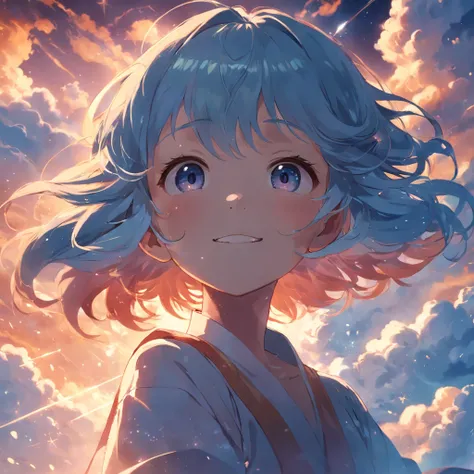 masterpiece, best quality, movie still, 1girl, cloud girl, floating in the sky, close-up, bright, happy, warm soft lighting, sunset, (sparks:0.7)