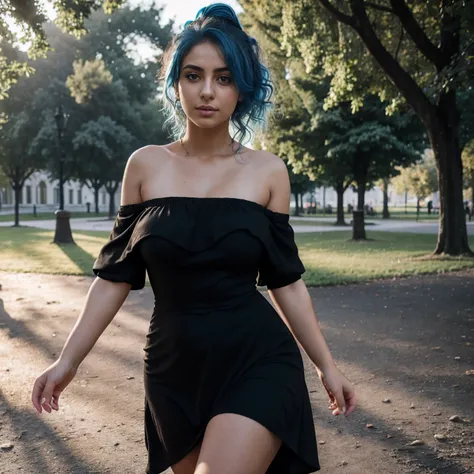 Highest quality, masterpiece, super high resolution, (photorealistic: 1.4), raw photo, (blue haired syrian woman), curly hair, hourglass figure, wide hips, plump thighs, 1 girl, off shoulder, in the park, deep shadows, low key, cold light, background downt...