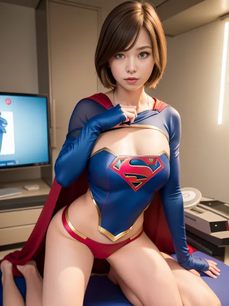 ​masterpiece,Supergirl Costume, short-hair, bare-legged, large full breasts,surgery room、Operating table、straddle、depraved、shiny、Looking at the camera、Provocation、estrus、Cowgirl、Trance、Fayue、enjoyment、The sheen、shine、suave