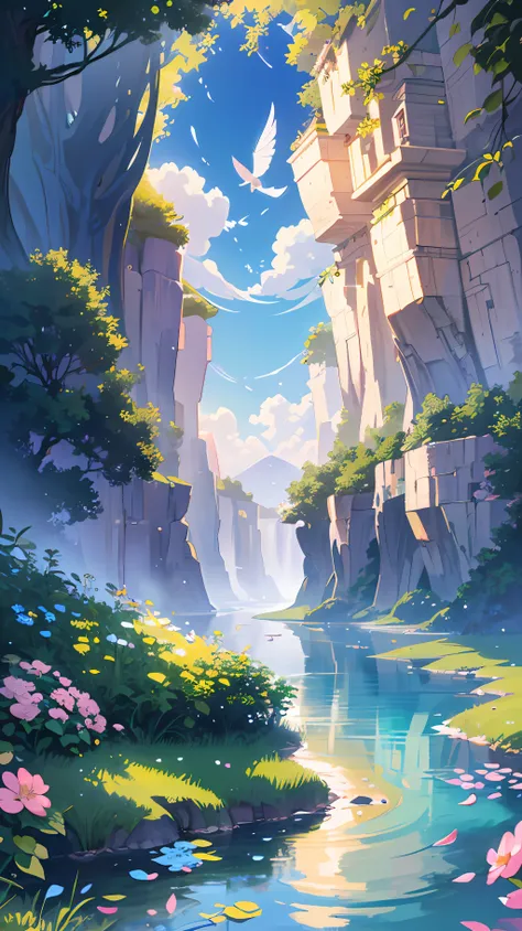 Masterpiece, best quality, (very detailed CG unity 8k wallpaper) (best quality), (best illustration), (best shadows) Nature&#39, blue sea,delicate leaves petals of various colors falling in the air light Tracking, super detailed --v6