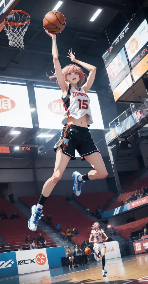 There was a woman who was jumping up to dunk, Best anime 4k konachan wallpaper, jumping posture, Guweiz on ArtStation Pixiv, Realistic anime 3 D style, Badass anime 8 K, Guweiz in Pixiv ArtStation, trending on artstation pixiv, Guviz-style artwork, style o...