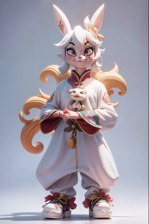 A cute IP cartoon(edgBunny)manticore，Wearing Chinese Dunhuang costumes，Embroidered shoes on the feet，电影灯光，Cream color scheme，Clean white background，senior color matching，pixar-style，ultra-realistic realism，3D