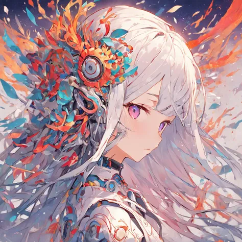 (White background:1.4),(Silhouette of beautiful AI robot girl head, Eyes closed, Colorful long hair, Oriental elements)，(Chinese Illustration:1.3，paper art:1.3, Quilted Paper Art:1.2),( Reasonable design, Clear lines, High Sharpness,Best Quality, Very deta...