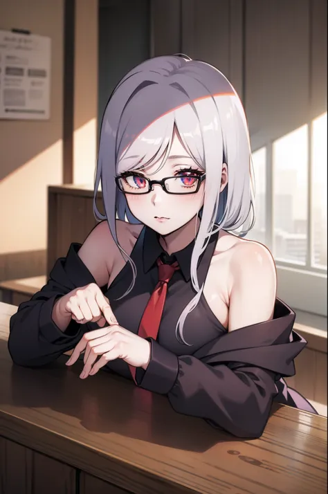 glasses, hair between eyes, hair over one eye, (red eyes:1.1), white hair, short hair, BREAK hood, shirt, collared shirt, white collar, black shirt, necktie, red necktie, sleeveless, off shoulder, BREAK looking at viewer, BREAK indoors, classroom, BREAK (m...