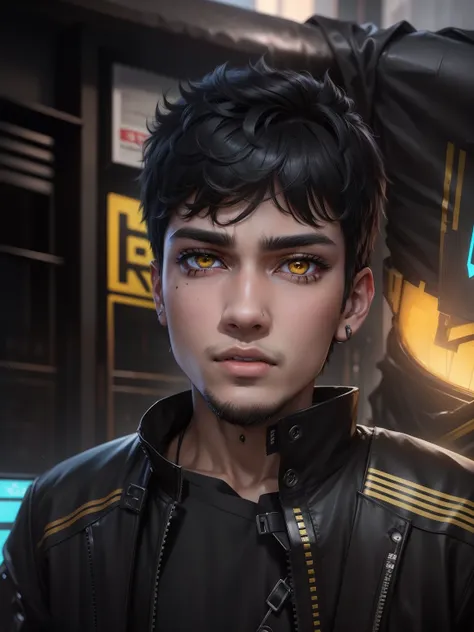 Realistic face teenager anime boy cyberpunk black kurta Black hair yellow eyes 4k ultra