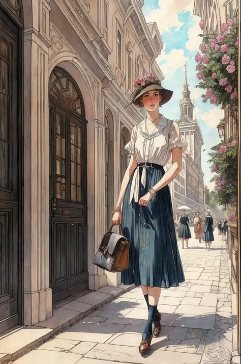 1 young girl, Summer outfit, 1913 year, romance, Street sketch, ((Стиль Coby-Whitmore)), Detailed Illustration, grotesque, Complicated details, chilling, (aesthetics), excitement, Hyper-realistic, insanely detailed,